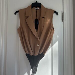 Abrand Tan Sleeveless Blazer Bodysuit